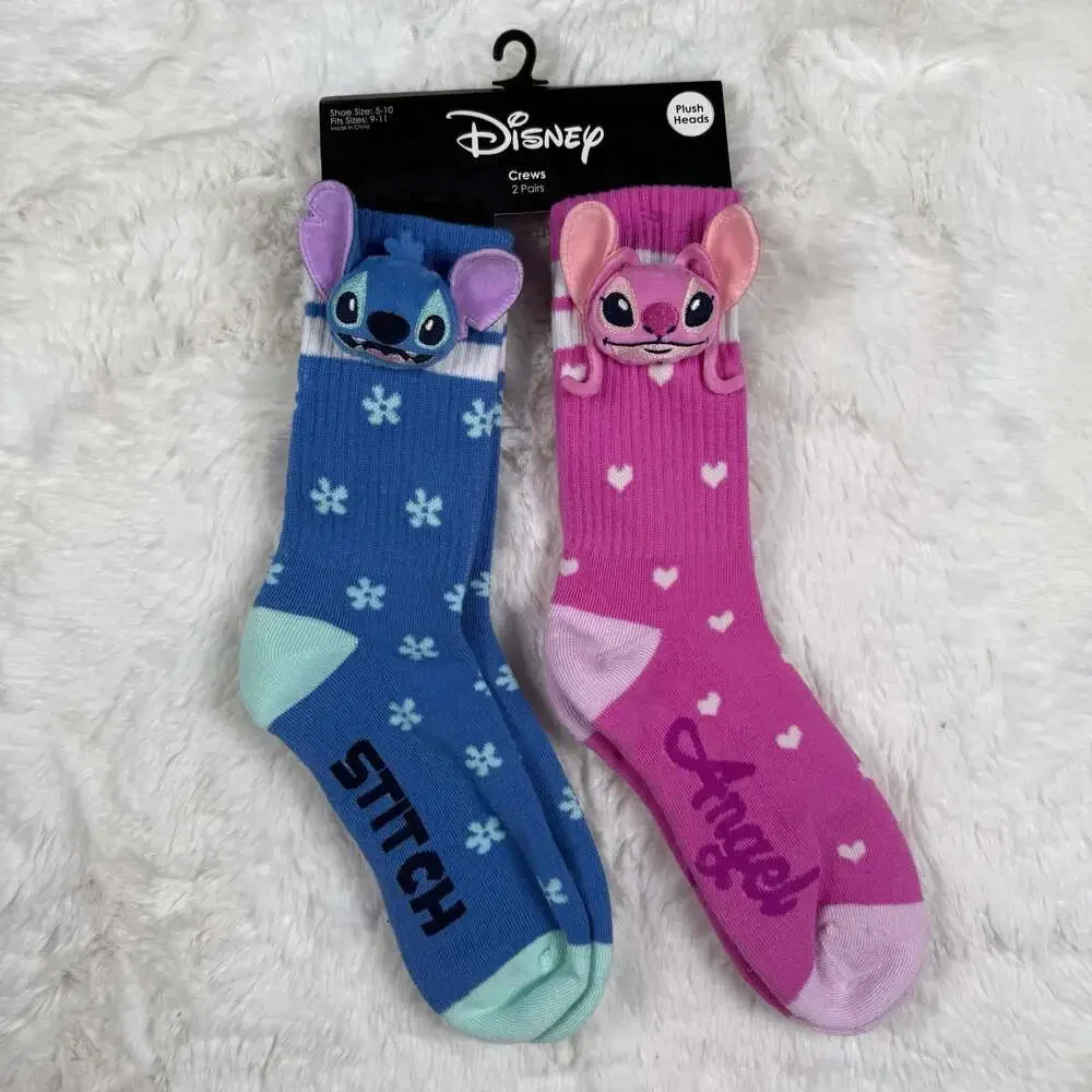Disney Lilo & Stitch & Angel  Plush Head Crew Socks